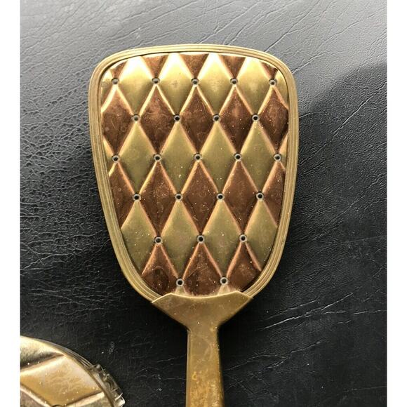 ANTIQUE GLASS POWDER VANITY BOX HAND MIRROR AND HAIR BRUSH Gold Aurora Borealis - Picture 3 of 9